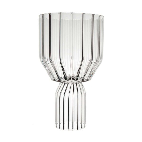FERRONE-Margot-RedWineGoblet-MCRED-HR-0-1200x1200-100KB Minimalist studio display of a Fferrone Margot Red Wine Goblet in fluted borosilicate glass with a wide bowl and ribbed cylindrical base | Kneen & Co