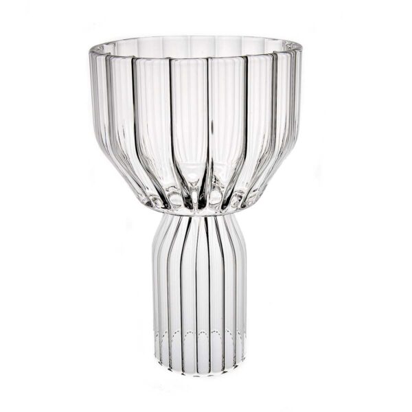 FERRONE-Margot-WaterGoblet-MCWTR-HR-0-LG-1200x1200-100KB Minimalist studio setting with a clear Fferrone Margot Water Goblet in borosilicate glass highlighting the collection's sculptural fluted silhouette | Kneen & Co