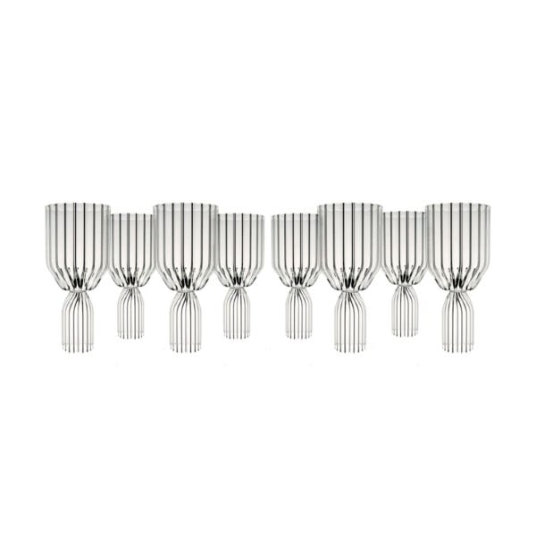 FERRONE-Margot-WhtWineGoblet-MCWH02-4pair-FrontRow-BackRow-1200x1200-100KB Minimalist studio setting with a double row of Fferrone Margot White Wine Goblets in borosilicate glass showcasing the collection's signature fluted architectural silhouette | Kneen & Co