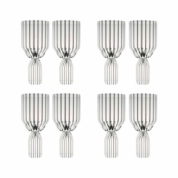 FERRONE-Margot-WhtWineGoblet-MCWH02-4pair-Stacked-1200x1200-100KB Minimalist studio grid display of eight Fferrone Margot White Wine Goblets in borosilicate glass showcasing the collection's uniform fluted texture and architectural design | Kneen & Co