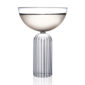 Minimalist studio display of a Fferrone May Coupe in fluted borosilicate glass filled with white wine and featuring a smooth bowl on a ribbed cylindrical base | Kneen & Co
