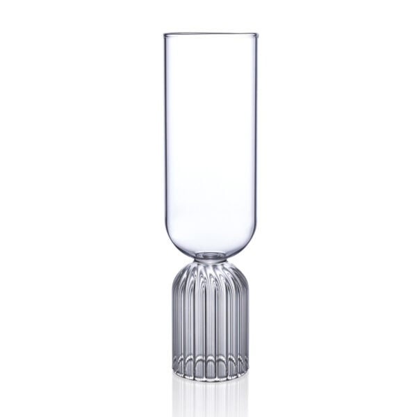 FERRONE-MayFlute-MAFL02-HR-01-Unstyled-1200x1200-100KB Minimalist studio display of a Fferrone May Flute in fluted borosilicate glass featuring a tall smooth bowl and a ribbed cylindrical pedestal base | Kneen & Co