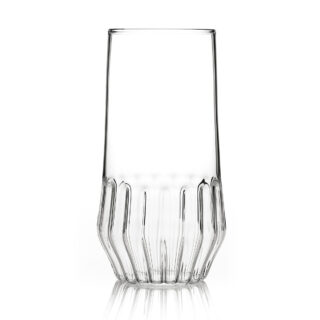 FERRONE-Mixed-LargeGlass-MXLG_HR_0-1200×1200-100KB Minimalist studio display of a Fferrone Mixed Large Glass in fluted borosilicate glass featuring a tall tapered silhouette and a ribbed base | Kneen & Co
