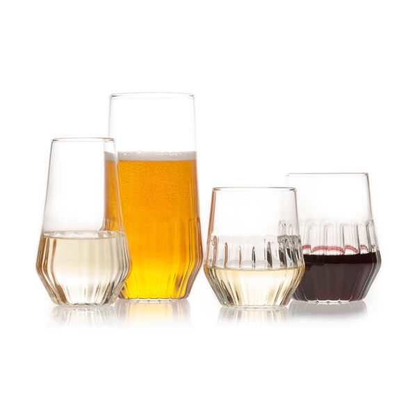 FERRONE-Mixed-MX-all-HR-1-1200x1200-100KB Minimalist studio arrangement of Fferrone Mixed Glassware in fluted borosilicate glass featuring an assortment of tumblers and a tall glass filled with wine and beer | Kneen & Co