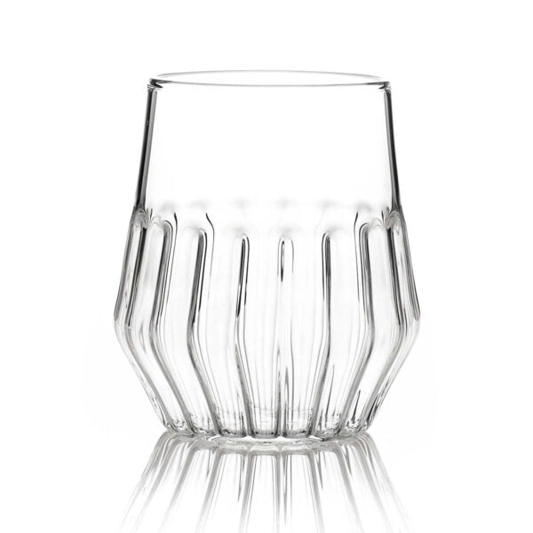 FERRONE-Mixed-MediumGlass-MXMD_HR_0-1200x1200-100KB Minimalist studio display of a Fferrone Mixed Medium Glass in fluted borosilicate glass featuring a tapered silhouette and a medium-height ribbed base | Kneen & Co
