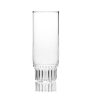 Minimalist studio display of a Fferrone Rasori Champagne Flute in fluted borosilicate glass featuring a clear tall cylindrical body and a short ribbed base | Kneen & Co