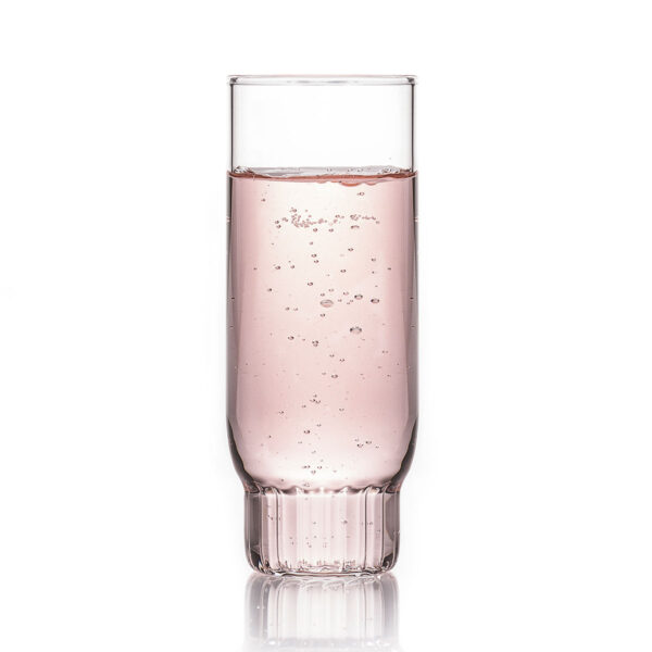 FERRONE-Rasori-Fluted-Styled-1200x1200-100KB Minimalist studio display of a Fferrone Rasori Champagne Flute in borosilicate glass with a tall cylindrical body and a short ribbed base | Kneen & Co