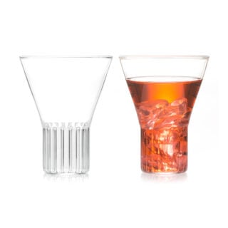 Minimalist studio display of two Fferrone Rila Large Glasses in fluted borosilicate glass | Kneen & Co