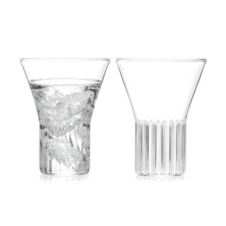 Minimalist studio display of two Fferrone Rila Medium Glasses in fluted borosilicate glass | Kneen & Co