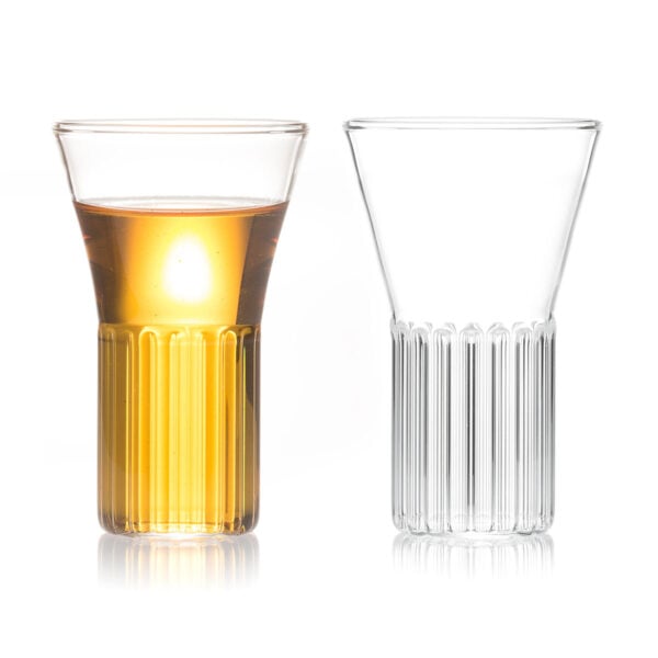 FERRONE-Rila-Small-styled-1200x1200-100KB Minimalist studio display of two Fferrone Rila Small Glasses in fluted borosilicate glass | Kneen & Co