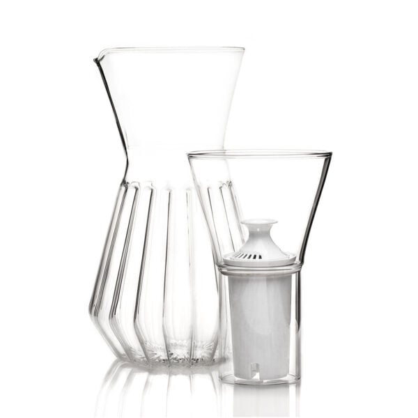 FERRONE-TaliseFluted-TAFL-HR-0-1200x1200-100KB Minimalist studio display of a Fferrone Talise Carafe Fluted in borosilicate glass featuring a tapered carafe and a matching funnel with a white filter insert | Kneen & Co