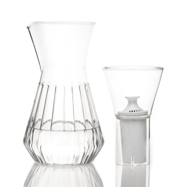 FERRONE-TaliseFluted-TAFL-HR-3-1200x1200-100KB Minimalist studio display of a Fferrone Talise Carafe Fluted in borosilicate glass featuring a tapered carafe and a matching funnel with a white filter insert | Kneen & Co