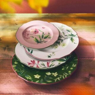 GINORI-FLORENZA-SET-02-0036-1200w-100KB Rustic wooden table set with Ginori 1735 Florenza dinnerware in fine porcelain featuring botanical floral motifs and scalloped edges | Kneen & Co