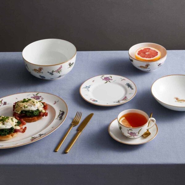Wedgwood-Mythical-Creatures-Brunch-Square-1200w-100KB Wedgwood Kit Kemp Mythical Creatures Dinnerware set on dining table | Kneen & Co
