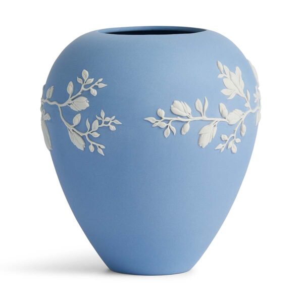 Close-up shot of a Wedgwood Magnolia Blossom Vase in Jasperware matte stoneware with intricate white magnolia relief petals | Kneen & Co