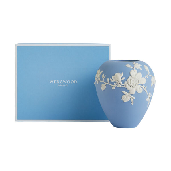Wedgwood Magnolia Blossom Vase with Wedgwood’s signature blue gift box in Jasperware matte stoneware with intricate white magnolia relief petals | Kneen & Co