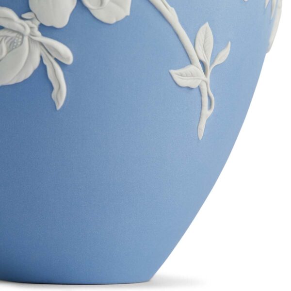 Close-up shot of a Wedgwood Magnolia Blossom Vase in Jasperware matte stoneware with intricate white magnolia relief petals | Kneen & Co