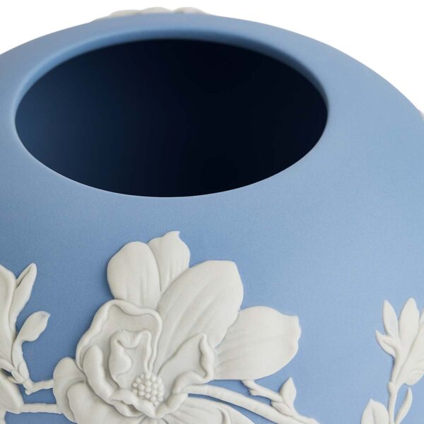 701587315241-Wedgwood-Magnolia-Blossom-Rose-Bowl-11cm-detail-1200x1200-100KB Close-up shot of a Wedgwood Magnolia Blossom Rose Bowl in Jasperware matte stoneware with intricate white magnolia relief petals | Kneen & Co