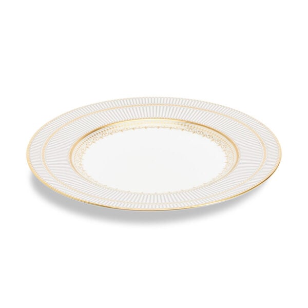 Close-up shot of Wedgwood Anthemion Grey Dinner Plate defined by a sophisticated grey rim and an intricate neoclassical palmette border finished with 22-carat gold detailing | Kneen & Co