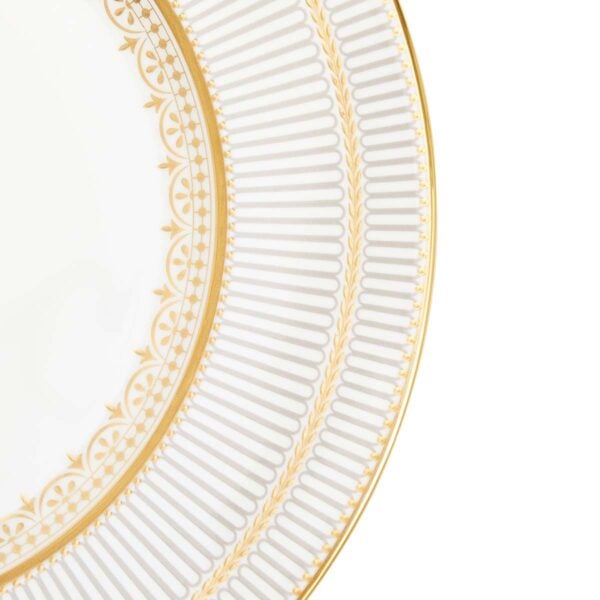 Close-up shot of Wedgwood Anthemion Grey Dinner Plate defined by a sophisticated grey rim and an intricate neoclassical palmette border finished with 22-carat gold detailing | Kneen & Co
