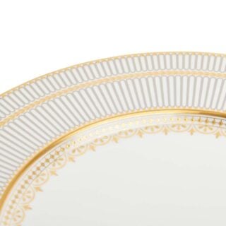 701587432955-Wedgwood-Anthemion-Grey-Plate-27pt3cm-10pt7in-detail2-1200×1200-100KB Close-up shot of Wedgwood Anthemion Grey Dinner Plate defined by a sophisticated grey rim and an intricate neoclassical palmette border finished with 22-carat gold detailing | Kneen & Co