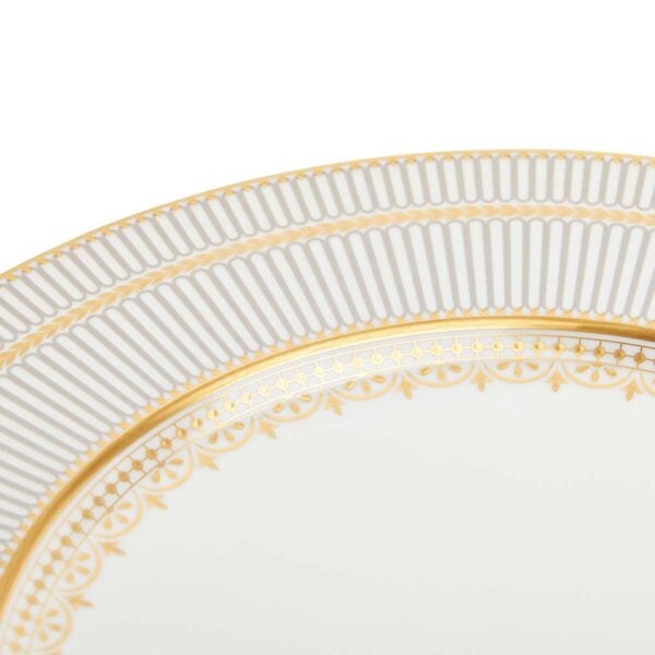 Close-up shot of Wedgwood Anthemion Grey Dinner Plate defined by a sophisticated grey rim and an intricate neoclassical palmette border finished with 22-carat gold detailing | Kneen & Co