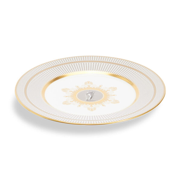 Close-up shot of Wedgwood Anthemion Grey Salad Plate defined by a sophisticated grey rim and an intricate neoclassical palmette border finished with 22-carat gold detailing | Kneen & Co