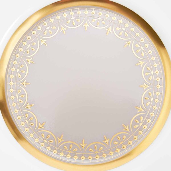 701587432986-Wedgwood-Anthemion-Grey-Plate-15pt4cm-6in-detail-1200x1200-100KB Close-up shot of Wedgwood Anthemion Grey Bread Plate defined by a sophisticated rim and an intricate neoclassical palmette border finished with 22-carat gold detailing | Kneen & Co