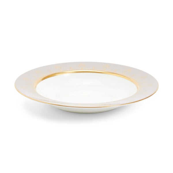 701587432993-Wedgwood-Anthemion-Grey-Rim-Soup-22pt8cm-8pt9in-angled-1200x1200-100KB Close-up shot of Wedgwood Anthemion Grey Rim Soup Plate defined by a sophisticated grey rim and an intricate neoclassical palmette border finished with 22-carat gold detailing | Kneen & Co