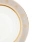 Close-up shot of Wedgwood Anthemion Grey Rim Soup Plate defined by a sophisticated grey rim and an intricate neoclassical palmette border finished with 22-carat gold detailing | Kneen & Co