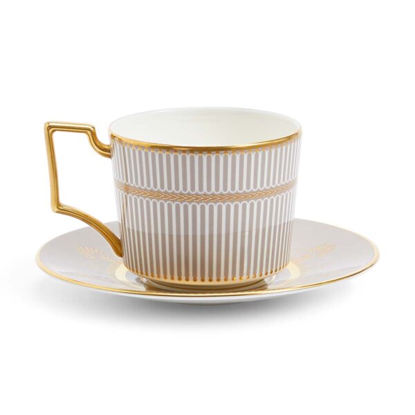 701587433006-Wedgwood-Anthemion-Grey-Teacup+Saucer-back-1200x1200-100KB Close-up shot of Wedgwood Anthemion Grey Tea Cup and Saucer defined by a sophisticated grey rim and an intricate neoclassical palmette border finished with 22-carat gold detailing | Kneen & Co