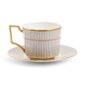Close-up shot of Wedgwood Anthemion Grey Tea Cup and Saucer defined by a sophisticated grey rim and an intricate neoclassical palmette border finished with 22-carat gold detailing | Kneen & Co