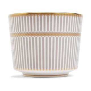 Close-up shot of Wedgwood Anthemion Grey Tea Cup and Saucer defined by a sophisticated grey rim and an intricate neoclassical palmette border finished with 22-carat gold detailing | Kneen & Co