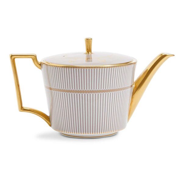 Close-up shot of Wedgwood Anthemion Grey Teapot defined by a sophisticated grey rim and an intricate neoclassical palmette border finished with 22-carat gold detailing | Kneen & Co