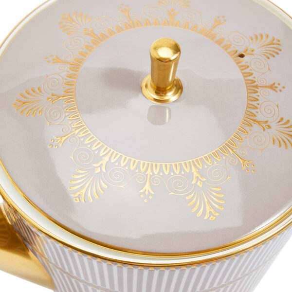 Close-up shot of Wedgwood Anthemion Grey Teapot defined by a sophisticated grey rim and an intricate neoclassical palmette border finished with 22-carat gold detailing | Kneen & Co