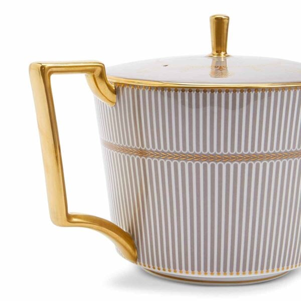 Close-up shot of Wedgwood Anthemion Grey Teapot defined by a sophisticated grey rim and an intricate neoclassical palmette border finished with 22-carat gold detailing | Kneen & Co