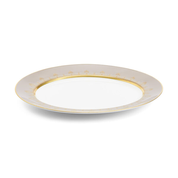 Close-up shot of Wedgwood Anthemion Grey Oval Platter defined by a sophisticated grey rim and an intricate neoclassical palmette border finished with 22-carat gold detailing | Kneen & Co