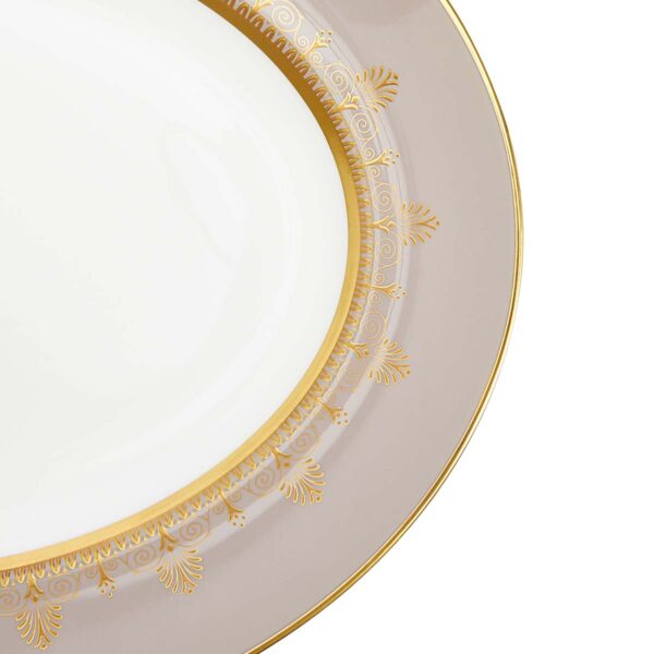 Close-up shot of Wedgwood Anthemion Grey Oval Platter defined by a sophisticated grey rim and an intricate neoclassical palmette border finished with 22-carat gold detailing | Kneen & Co