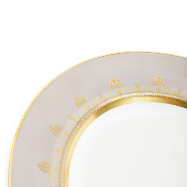 Close-up shot of Wedgwood Anthemion Grey Oval Platter defined by a sophisticated grey rim and an intricate neoclassical palmette border finished with 22-carat gold detailing | Kneen & Co