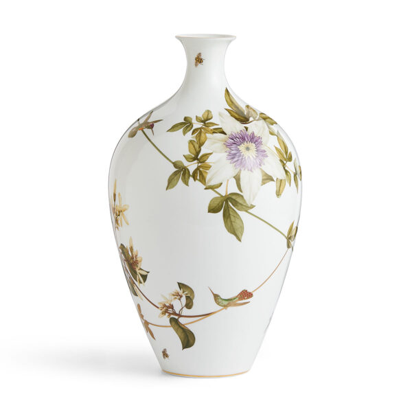 701587436854-Wedgwood-Hummingbird-Vase 35cm-back-1200x1200-100KB Close-up shot of Wedgwood Hummingbird Large Vase defined by expressive floral motifs and an artfully sculpted bird finial finished with 22-carat gold detailing | Kneen & Co