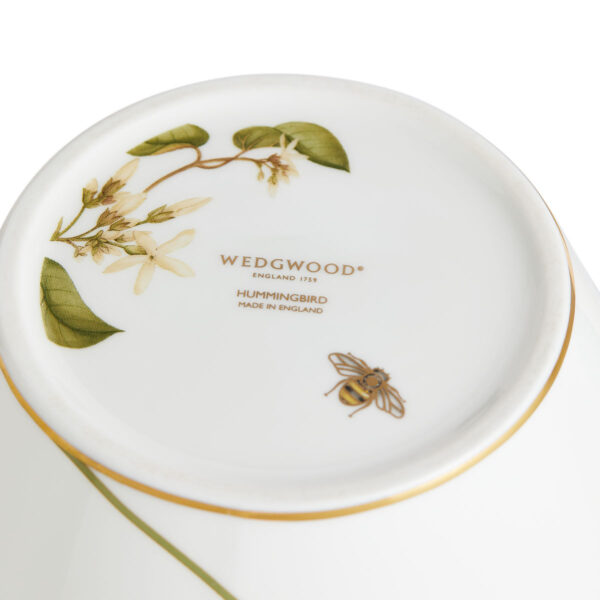 701587436854-Wedgwood-Hummingbird-Vase 35cm-backstamp-1200x1200-100KB Close-up shot of Wedgwood Hummingbird Large Vase defined by expressive floral motifs and an artfully sculpted bird finial finished with 22-carat gold detailing | Kneen & Co