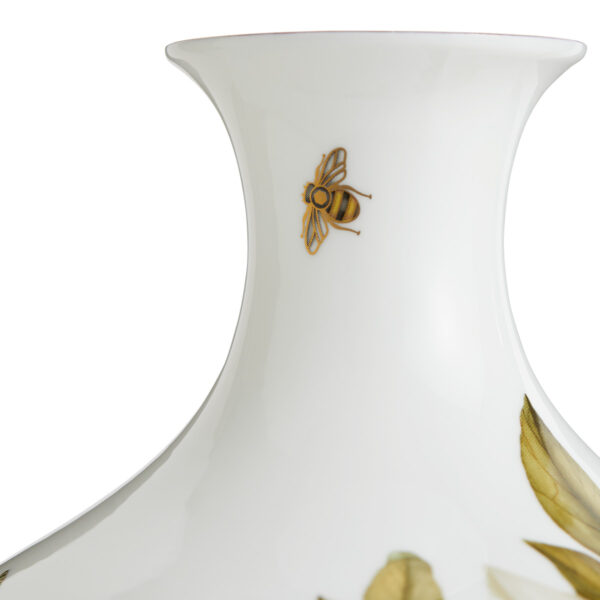 701587436854-Wedgwood-Hummingbird-Vase 35cm-detail-1200x1200-100KB Close-up shot of Wedgwood Hummingbird Large Vase defined by expressive floral motifs and an artfully sculpted bird finial finished with 22-carat gold detailing | Kneen & Co