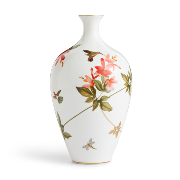 701587436861-Wedgwood-Hummingbird-Vase 25cm-back-1200x1200-100KB Close-up shot of Wedgwood Hummingbird Medium Vase defined by expressive floral motifs and an artfully sculpted bird finial finished with 22-carat gold detailing | Kneen & Co