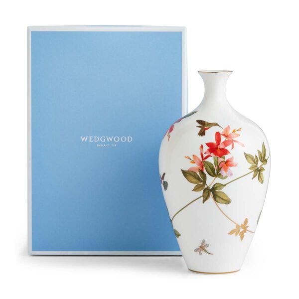 701587436861-Wedgwood-Hummingbird-Vase 25cm-box-1200x1200-100KB Wedgwood Hummingbird Medium Vase with Wedgwood’s signature blue gift box defined by expressive floral motifs and an artfully sculpted bird finial finished with 22-carat gold detailing | Kneen & Co