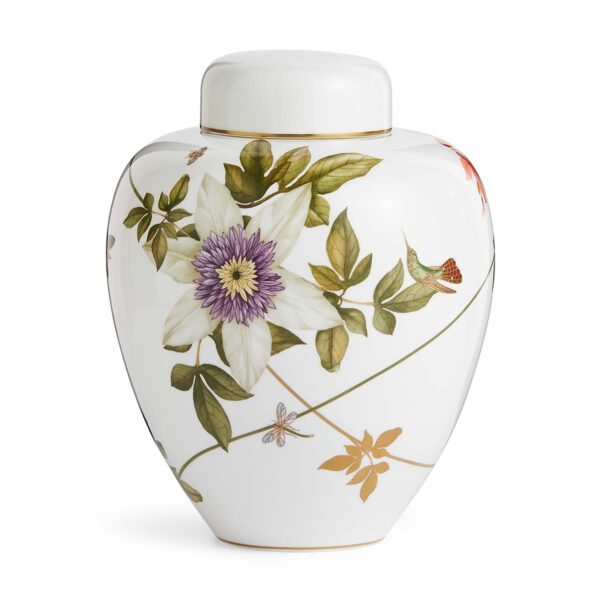 701587436878-Wedgwood-Hummingbird-Lidded Vase 25cm-back-1200x1200-100KB Close-up shot of Wedgwood Hummingbird Small Lidded Vase defined by expressive floral motifs and an artfully sculpted bird finial finished with 22-carat gold detailing | Kneen & Co