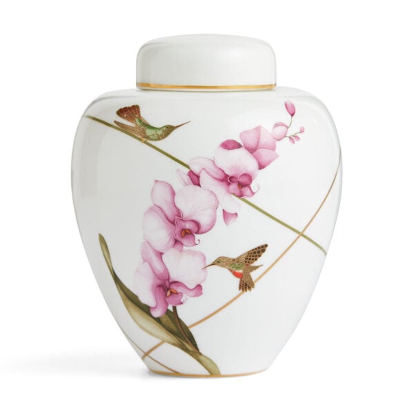 701587436885-Wedgwood-Hummingbird-Lidded Vase 15cm-back-1200x1200-100KB Close-up shot of Wedgwood Hummingbird Small Lidded Vase defined by expressive floral motifs and an artfully sculpted bird finial finished with 22-carat gold detailing | Kneen & Co