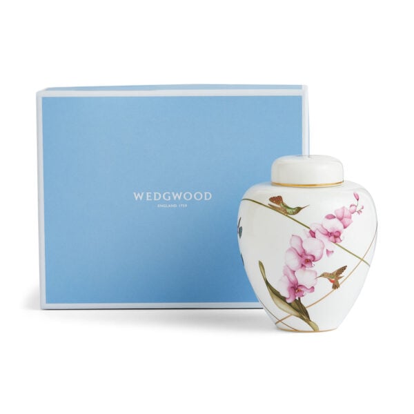 701587436885-Wedgwood-Hummingbird-Lidded-Vase-15cm-box-1200x1200-100KB Wedgwood Hummingbird Small Lidded Vase with Wedgwood’s signature blue gift box defined by expressive floral motifs and an artfully sculpted bird finial finished with 22-carat gold detailing | Kneen & Co