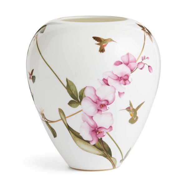 701587436892-Wedgwood-Hummingbird-Vase-18cm-back-1200x1200-100KB Close-up shot of Wedgwood Hummingbird Small Vase defined by expressive floral motifs and an artfully sculpted bird finial finished with 22-carat gold detailing | Kneen & Co