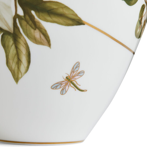 701587436892-Wedgwood-Hummingbird-Vase-18cm-detail2-1200x1200-100KB Close-up shot of Wedgwood Hummingbird Small Vase defined by expressive floral motifs and an artfully sculpted bird finial finished with 22-carat gold detailing | Kneen & Co