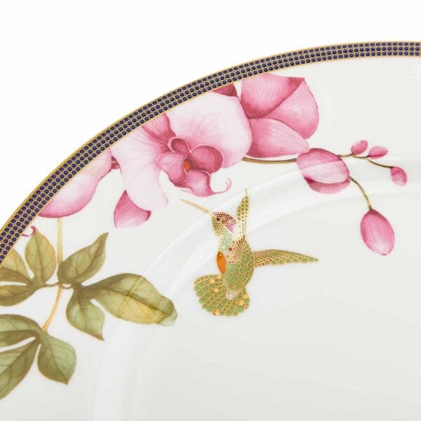 701587439787-Wedgwood-Hummingbird-Plate-27pt3cm-10pt7in-detail2-1200x1200-100KB Close-up shot of Wedgwood Hummingbird Dinner Plate defined by expressive floral motifs and an artfully sculpted bird finial finished with 22-carat gold detailing | Kneen & Co